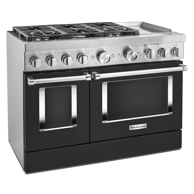 Cuisinière biénergie KitchenAid, 48 po l., 6 brûleurs, plaque chauffante intégrée, noir impérial