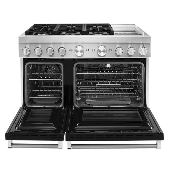 Cuisinière biénergie KitchenAid, 48 po l., 6 brûleurs, plaque chauffante intégrée, noir impérial