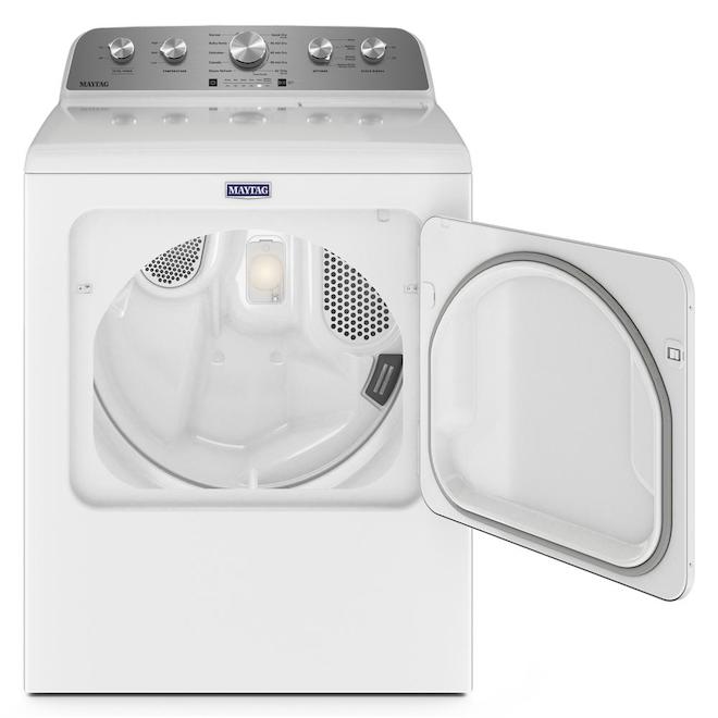 Sécheuse au gaz à battant réversible avec des cycles améliorés par la vapeur , Maytag 7pi3, portable, ventilée (blanche)