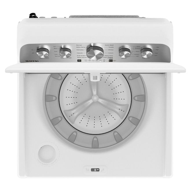 Laveuse à chargement vertical Maytag haute efficacité capteur automatique puissance accrue 5,2 pi³ blanc