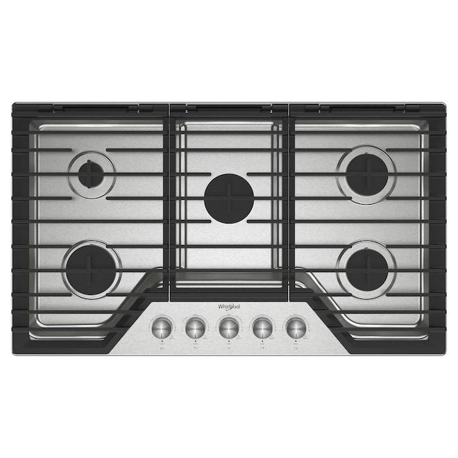 Whirlpool Table de cuisson à gaz de 36 po en acier inoxydable avec 5  brûleurs et plaque de