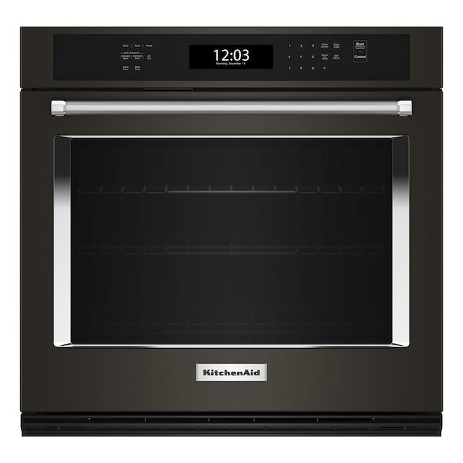 KitchenAid 27-in Self-Clean Air Fry Single-Fan Convection 4.3-ft³ Single Electric Wall Oven - Black Stainless Steel