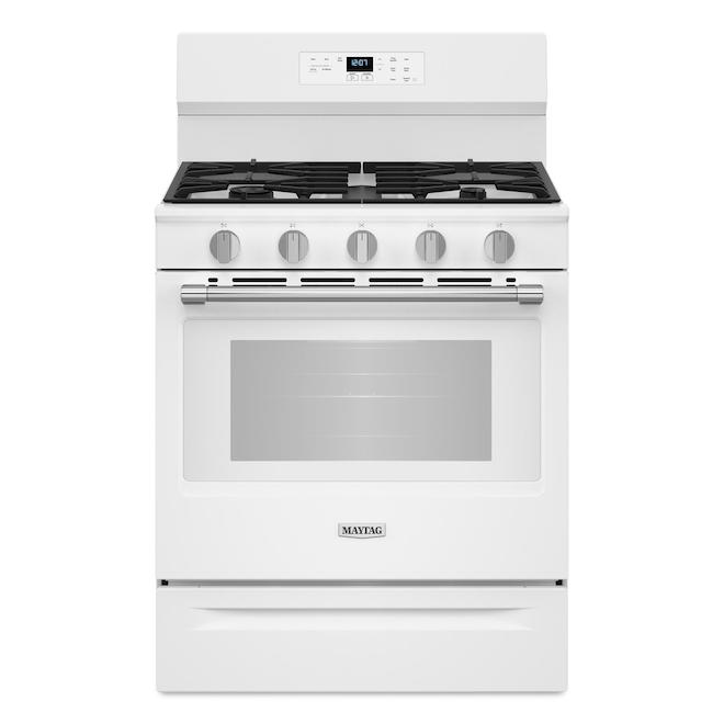 Cuisinière à gaz Maytag 5 pi³ avec 5 brûleurs et technologie convection, blanc