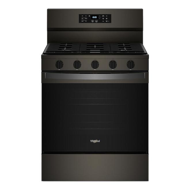 Cuisinière à gaz intelligente Whirlpool 5 pi³ avec friture et cuisson à air et préchauffage rapide, noir sur acier inoxy…