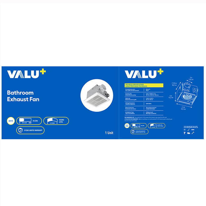 VALU+ Bathroom Fan 70 CFM with 2.0 Sones - White