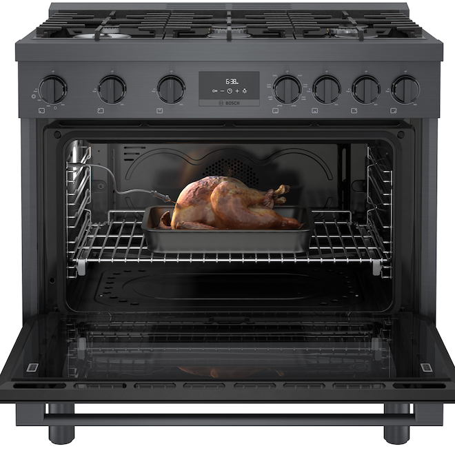 Cuisinière autoportante biénergie Bosch, série 800, 6 brûleurs, 36 po, acier inoxydable noir