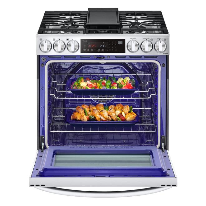 Cuisinière au gaz LG InstaView autonettoyante convection friture à air 5 brûleurs 30 po 6,3 pi³ inox