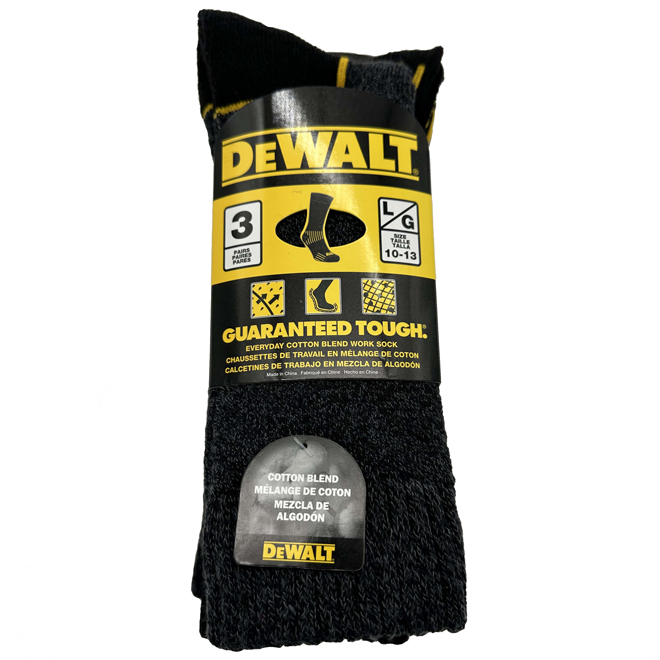 DEWALT Men's Work Socks - Coton Blend - Large - Black/Yellow - 3 Pairs