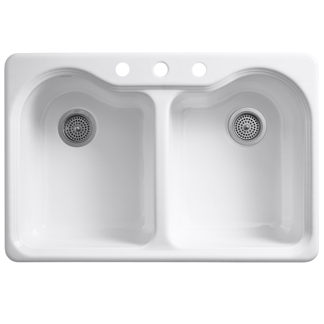 KOHLER Hartland 33-in x 22-in White 2-Basin Cast Iron Drop-in 3-Hole  Residential Kitchen Sink R5818-3-0