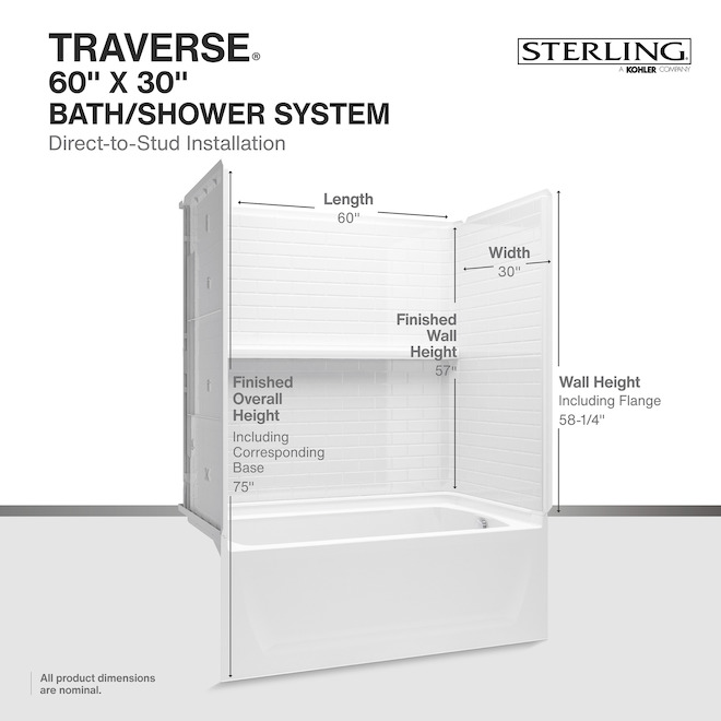 Traverse Sterling Wall Shower 60-in x 30-in - White