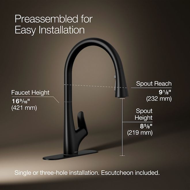 KOHLER Leto Kitchen Faucet with 1 Handle and Pull-Down Spout - Matte Black