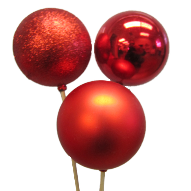 Boules décoratives sur bâton, 3 po, rouge, paquet de 3