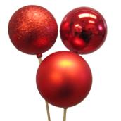 Ball Decorations with Stick - 3-in - Red - Set of 3