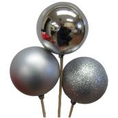 Ball Decorations with Stick - 3-in - Silver - Set of 3