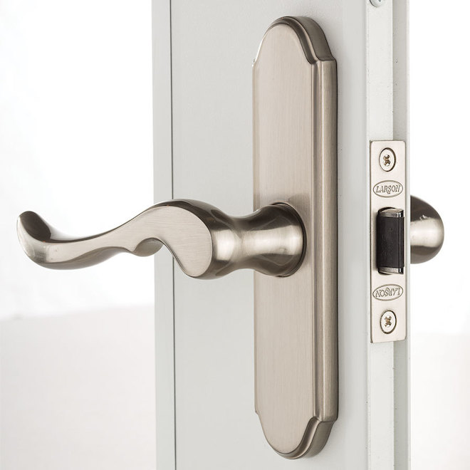 LARSON Savannah Sandstone Mid-View Tempered Glass Retractable Wood Core Storm Door