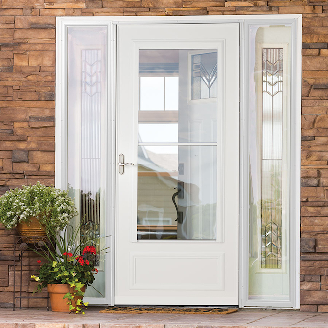 LARSON Savannah Sandstone Mid-View Tempered Glass Retractable Wood Core Storm Door