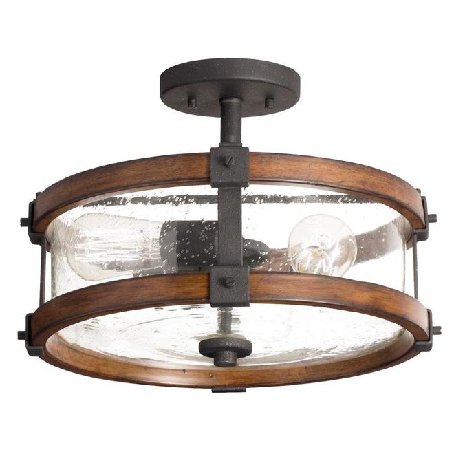 Kichler Barrington 14-in Faux-Wood and Black Metal 3-Light Incandescent Semi-Flush Mount with Clear Glass Shade