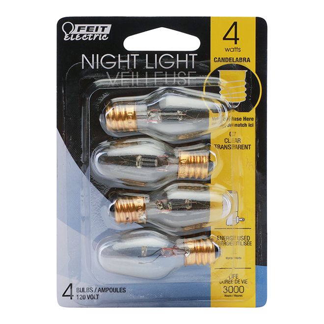 Feit Electric Incandescent Light Bulb - Clear - C7 - 4-Watt - Pack of 4