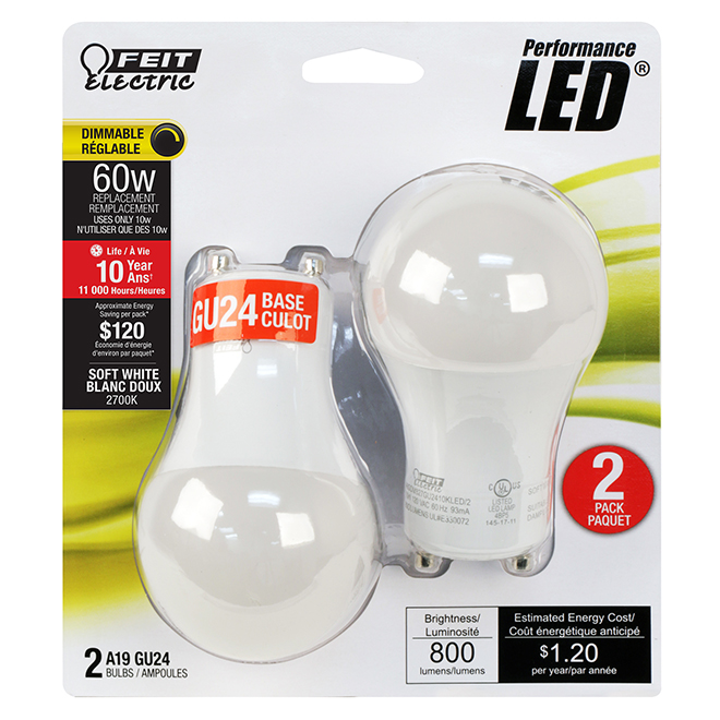 Feit Electric LED Bulb - A19 GU24 - 10 W - Soft White - 2/Pack