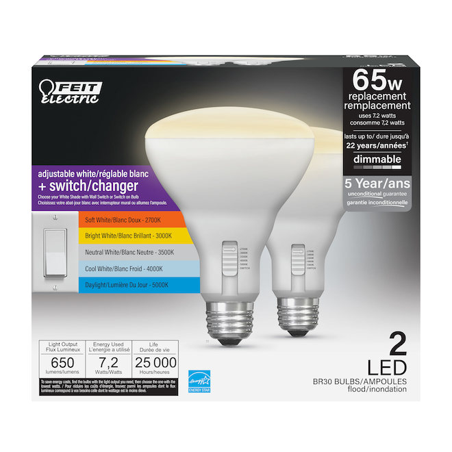 FEIT Electric LED Bulb BR30 65 W - Adjustable White - Pack of 2
