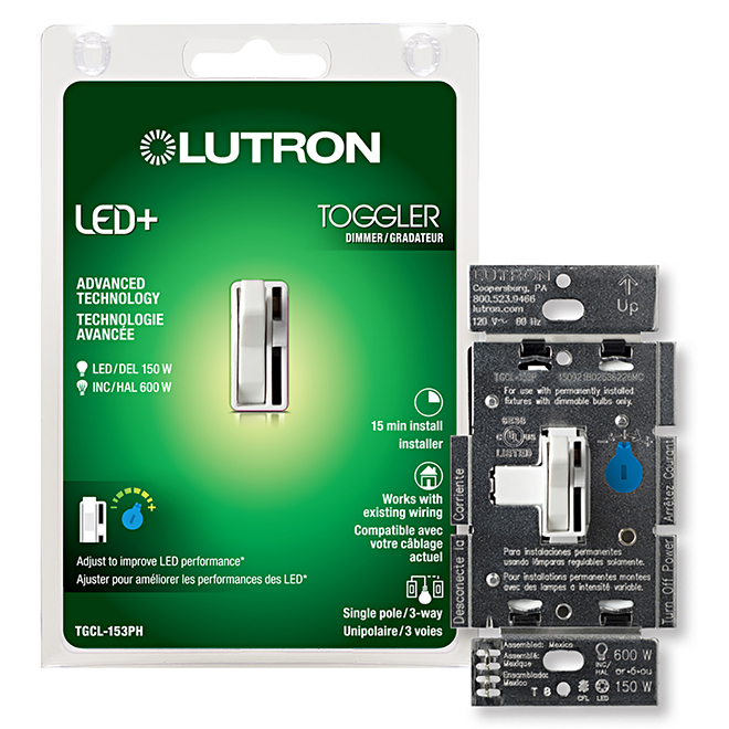 Lutron Toggler Dimmer Switch for LED/Halogen/Incandescent Bulbs - Single Pole or 3-Way - White