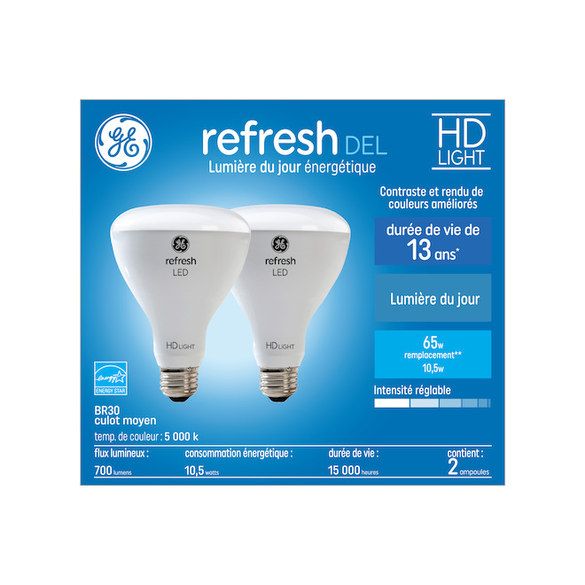 Ampoules de remplacement DEL lumière du jour HD REFRESH de GE BR30 65 W, pour appareils d'éclairage d'intérieur (2/pqt)