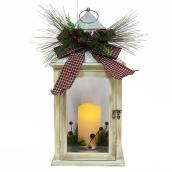Lantern and Candle - 8 7/8-in X 8 7/8-in X 19-in - Wood and Metal