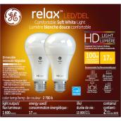 Ampoules de remplacement DEL blanc doux HD RELAX de GE A21 de 100 W, pour un éclairage d'intérieur courant (2/pqt)