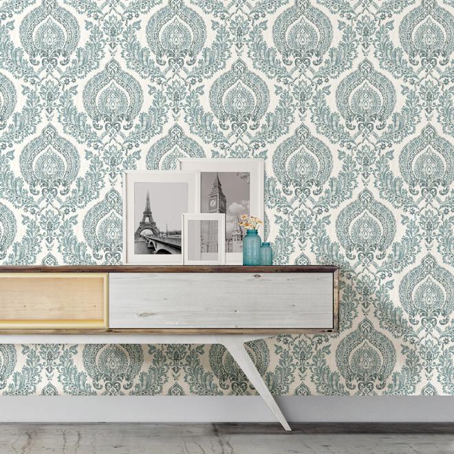 NuWallpaper Peel and Stick Blue Vinyl Damask Wallpaper