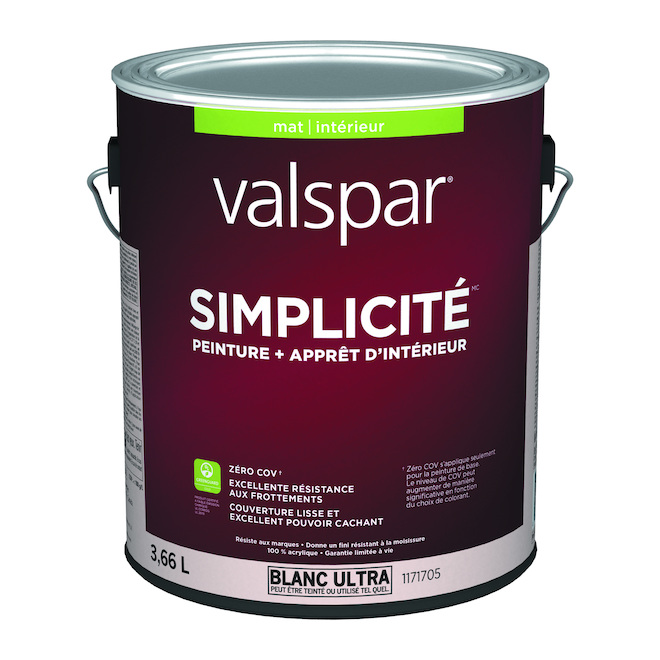 Peinture avec apprêt Simplicity Valspar intérieur blanc ultra 3,66 l