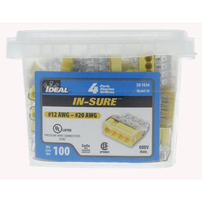 IDEAL Push-In Wire Connector 4-Port Yellow 100-CT