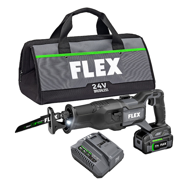 Scie alternative sans fil Flex 24 V à moteur sans balai, batterie et chargeur inclus, vitesse variable