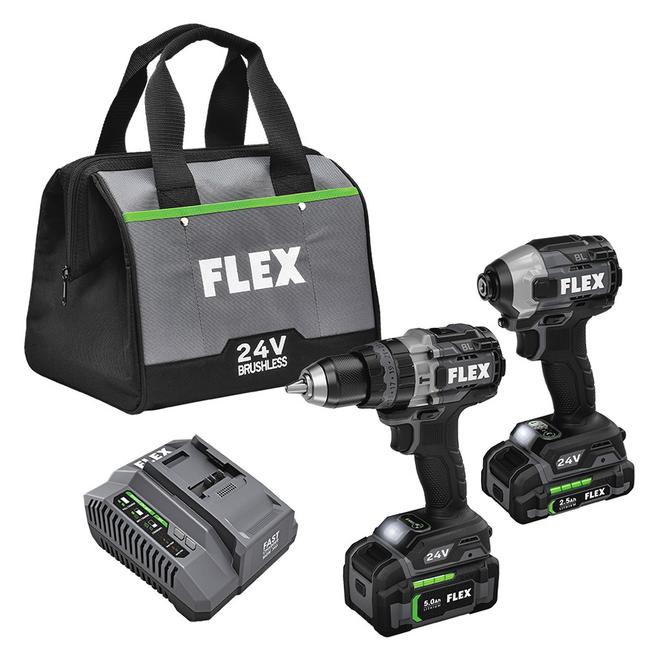 Flex 24-V Cordless 1/2-in Hammer Drill and 1/4-in Impact Driver - Includes Charger, Bag and 2 Batteries