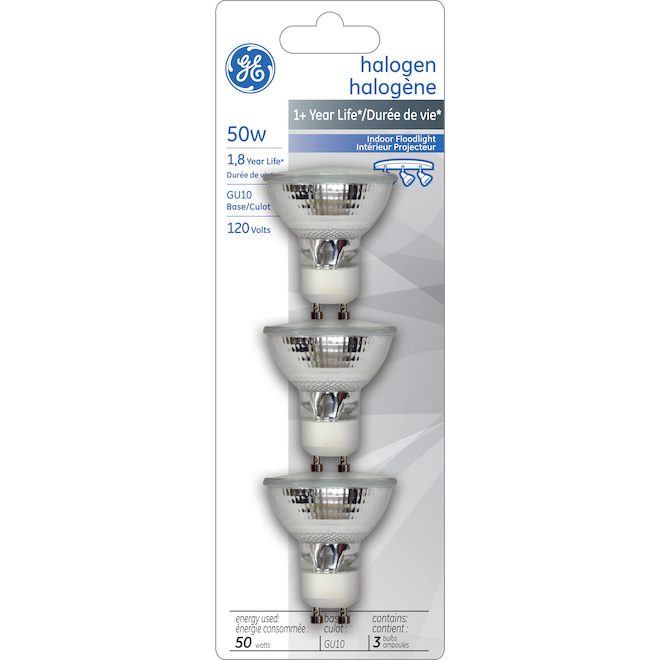 Ampoules halogènes d'intérieur blanc doux de 50W de GE, GU10, paquet de 3
