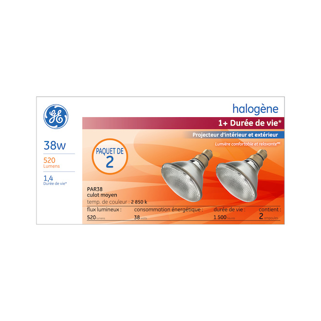 Ampoules halogènes d'extérieur blanc doux 38W de GE, paquet de 2