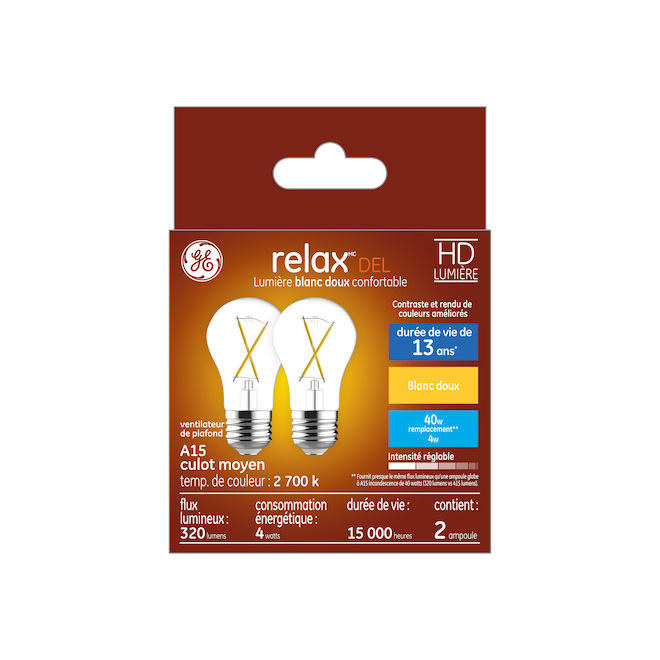 Ampoules de remplacement DEL blanc doux HD RELAX de GE de 40 W pour ventilateur de plafond, culot moyen A15 (2/pqt)