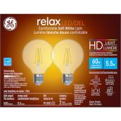 GE Relax HD Soft White 60W Replacement LED Light Bulbs Decorative Clear Globe Medium Base G25 (2-Pack)