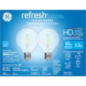 Ampoules de remplacement lumière du jour HD REFRESH de GE 60W globes transparentes décoratives DEL culot E26 G25 (2/pqt)