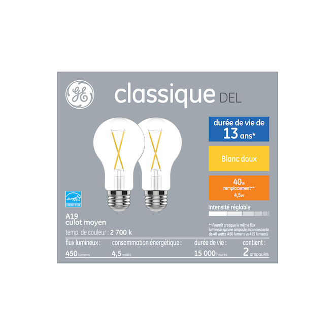 Ampoules classiques de remplacement A19 à DEL transparentes et à usage général de 40 W, blanc doux de GE (paquet de 2)