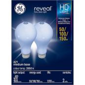 GE Reveal 50/100/150W Incandescent A21 Tri-Light (2-Pack)