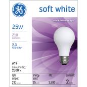 GE Soft White 25W Incandescent A19 (2-Pack)