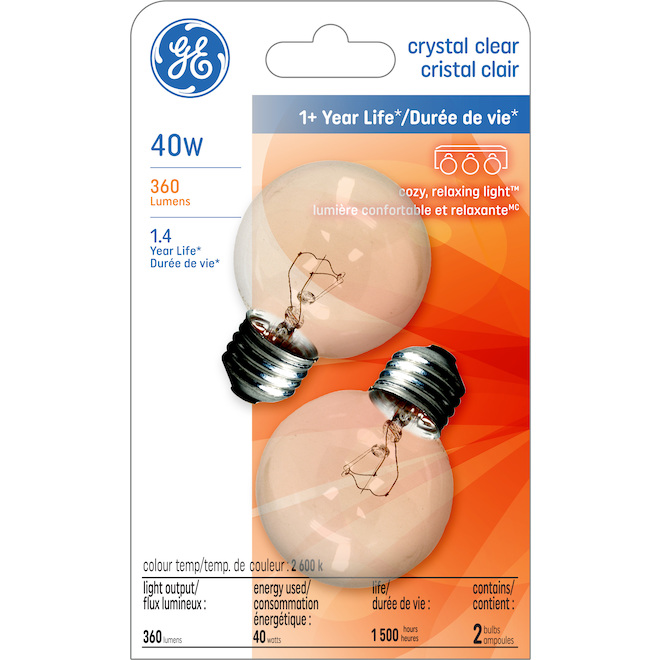 Ampoules incandescentes blanc doux G16 de 40W par GE, culot moyen, paquet de 2