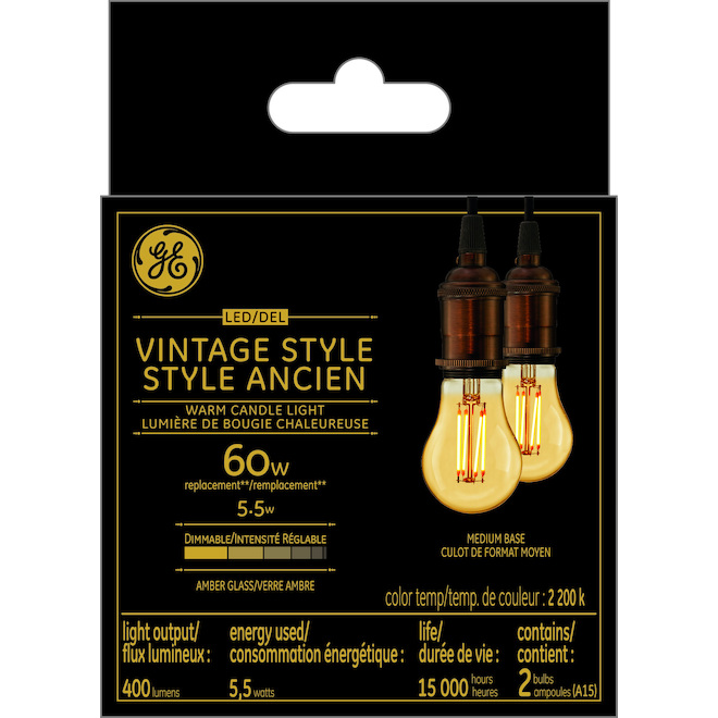 GE Vintage Warm Candle Light 60W Replacement LED Amber Finish Straight Filament Medium Base A15 Light Bulbs (2-Pack)