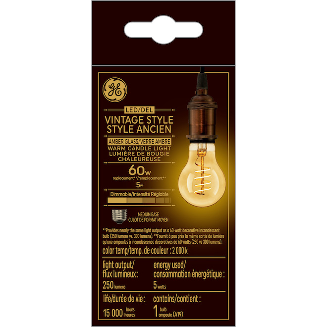 Ampoule de remplacement 60W de GE ambrée chaude lueur de chandelles de style ancien à filament en spirale A19 (1/pqt)