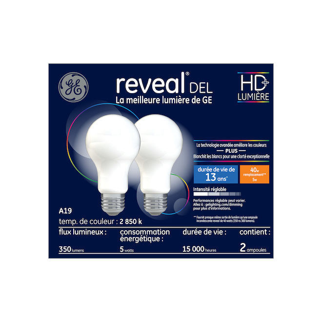 Ampoules de remplacement DEL HD et rendu de couleur amélioré REVEAL de GE A19 de 40 W, usage général (paquet de 2)