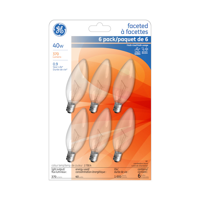 GE Soft White 40W Incandescent Faceted Decorative Clear Blunt Tip Candelabra Base BC (6-Pack)