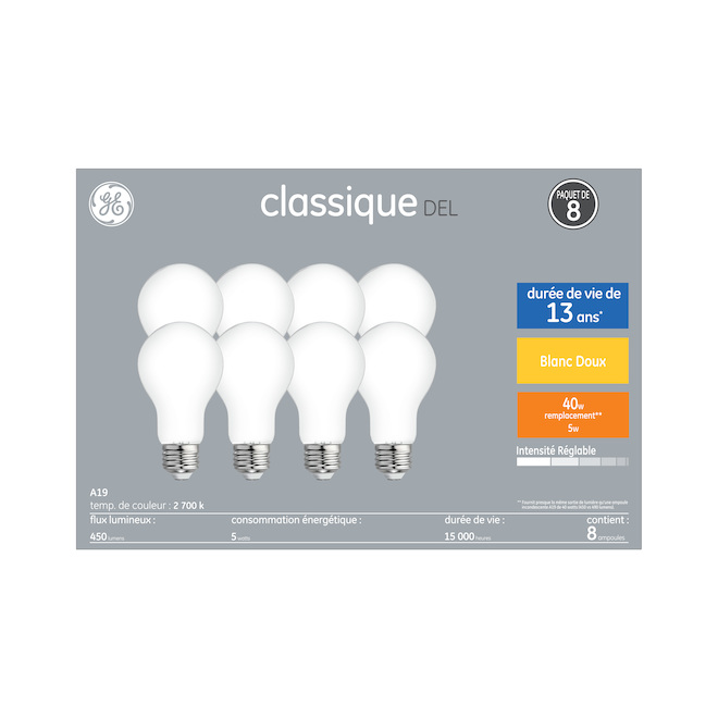 Ampoules blanc doux à DEL de 40W A19 de GE, paquet de 8