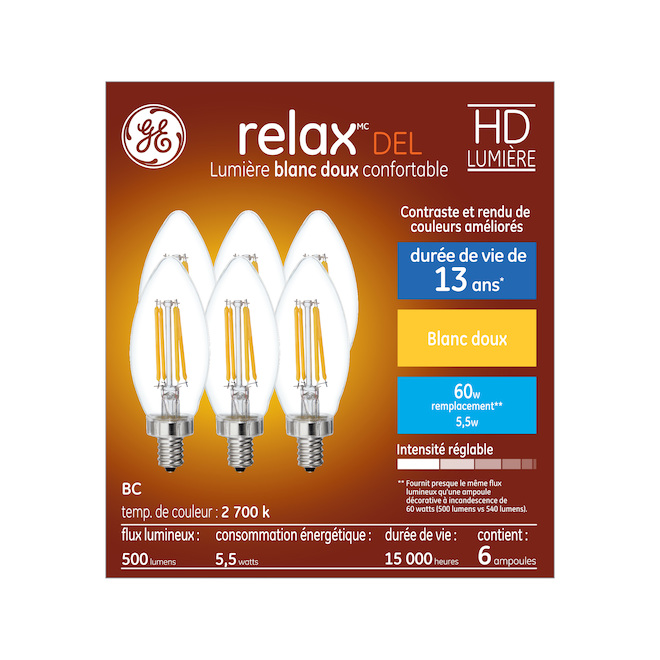 Ampoules de remplacement DEL blanc doux HD RELAX de GE de 60 W décoratives transparentes à culot candélabre BC (6/pqt)