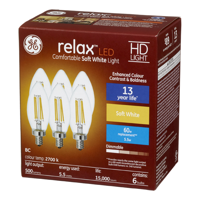 GE Relax HD Soft White 60W Replacement LED Decorative Clear Blunt Tip Candelabra Base BC Light Bulbs (6-Pack)