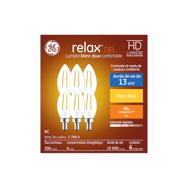 Ampoules de remplacement DEL blanc doux HD RELAX de GE de 40 W décoratives transparentes à culot candélabre BC (6/pqt)